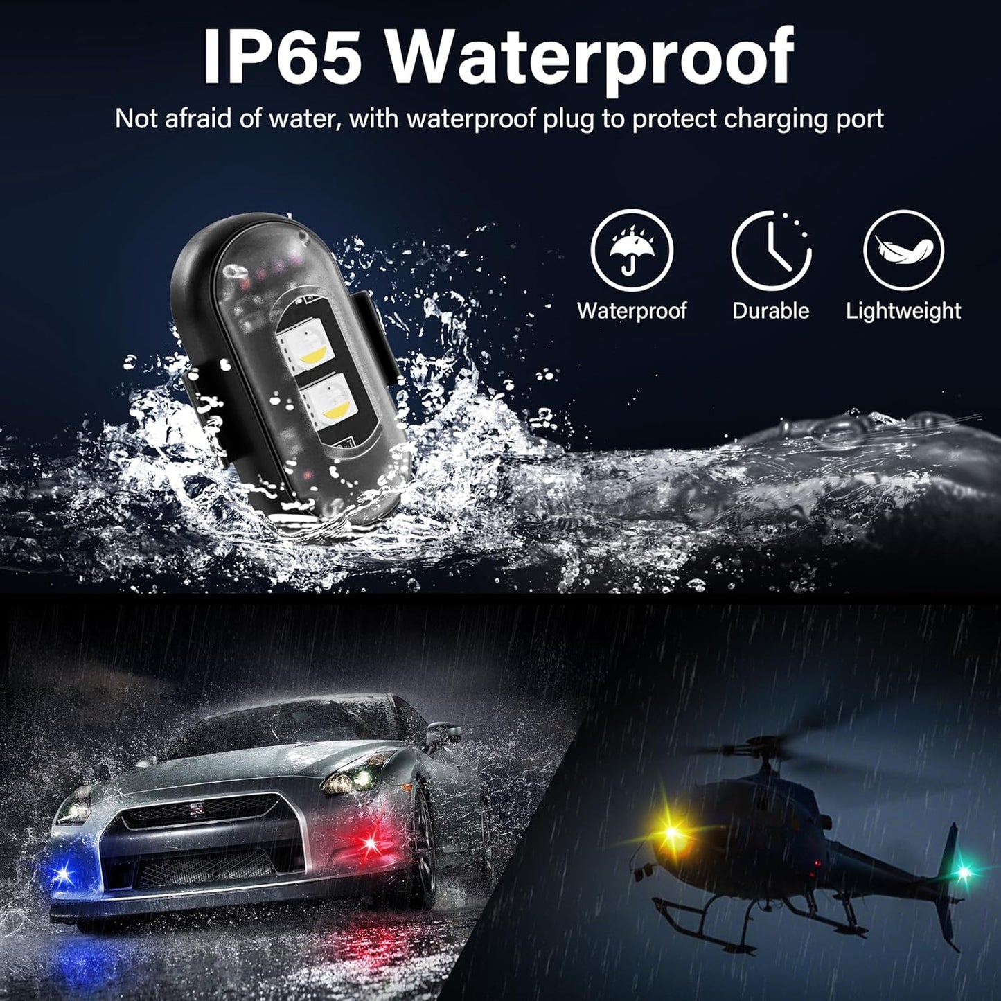 Wireless LED Lights for Car 4PCS with Remote Control, Wireless LED Strobe Lights 8 Colors USB Charge IP65 Waterproof Anti-Collision for Car Motorcycle Drone RC Aircraft Bike, Black