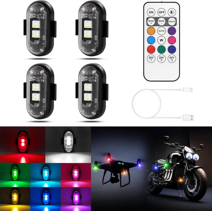 Wireless LED Lights for Car 4PCS with Remote Control, Wireless LED Strobe Lights 8 Colors USB Charge IP65 Waterproof Anti-Collision for Car Motorcycle Drone RC Aircraft Bike, Black