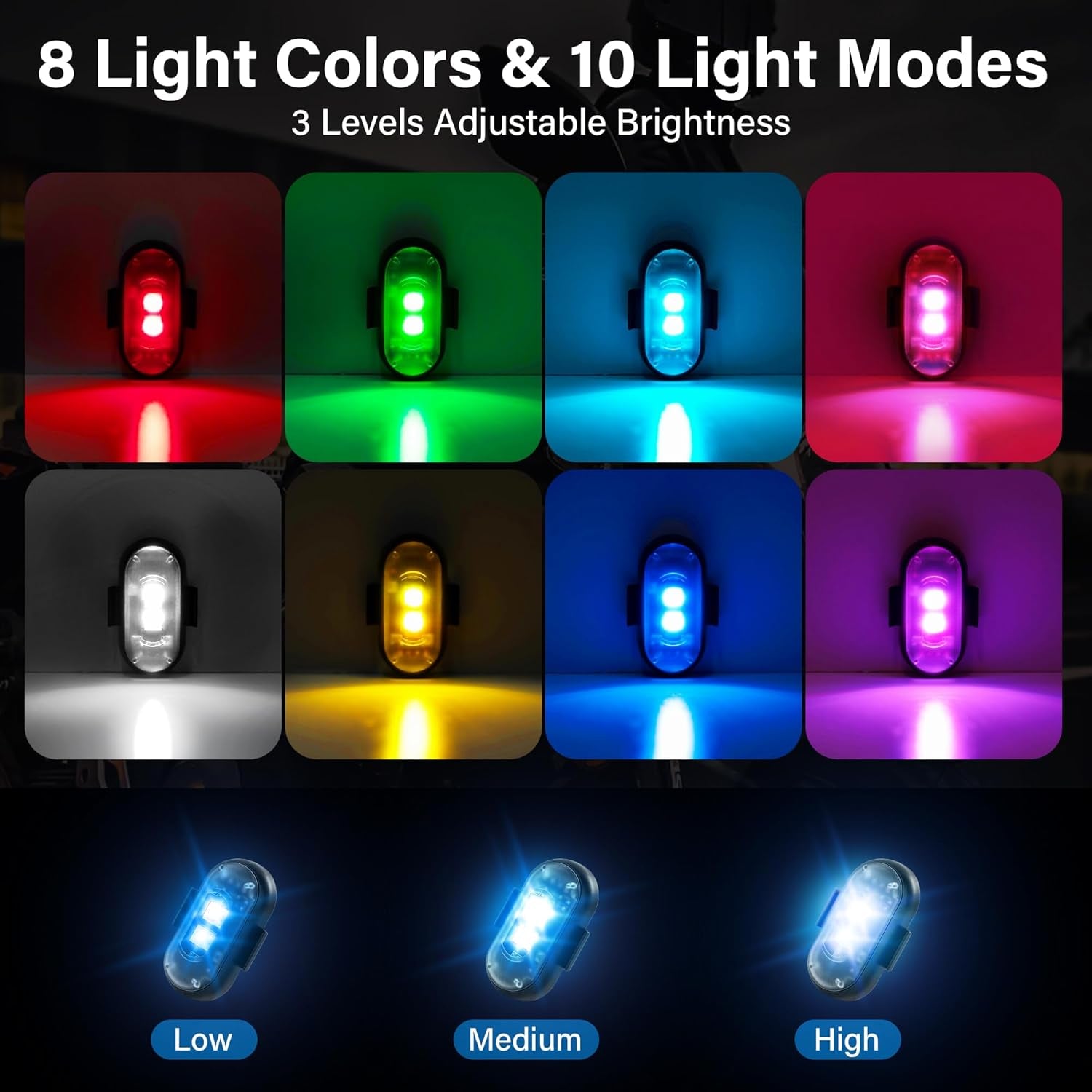 Wireless LED Lights for Car 4PCS with Remote Control, Wireless LED Strobe Lights 8 Colors USB Charge IP65 Waterproof Anti-Collision for Car Motorcycle Drone RC Aircraft Bike, Black